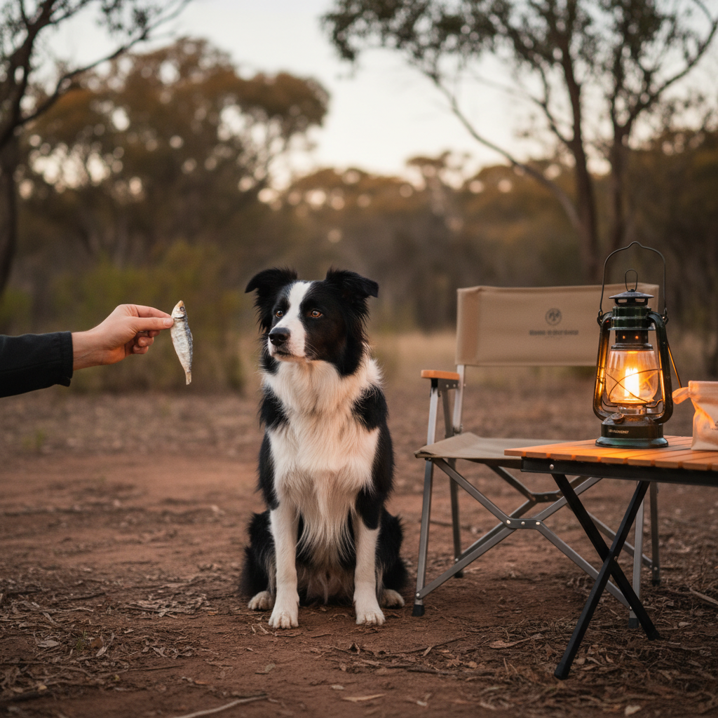 A border collie at a campsite waiting for a sardine treat