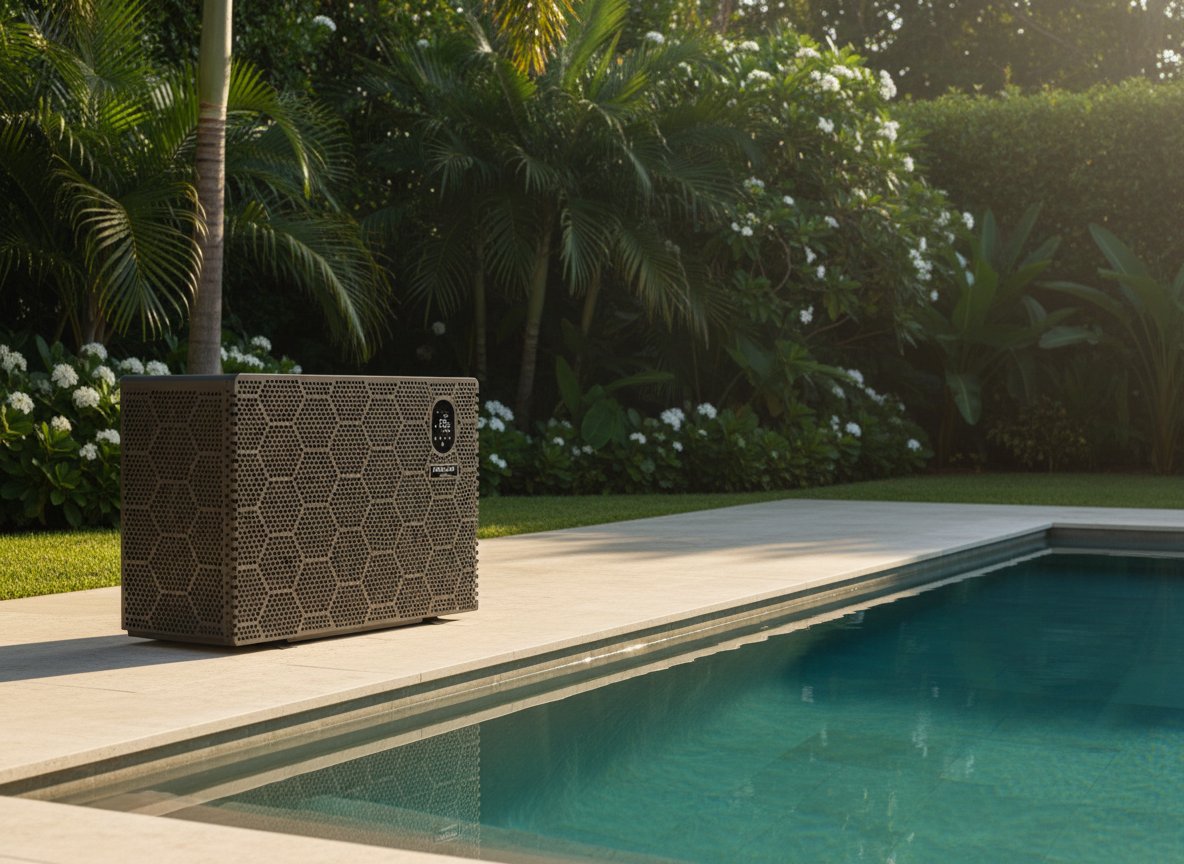 Fairland Inverter Wärmepumpe auf Travertin-Terrasse neben einem privaten Pool