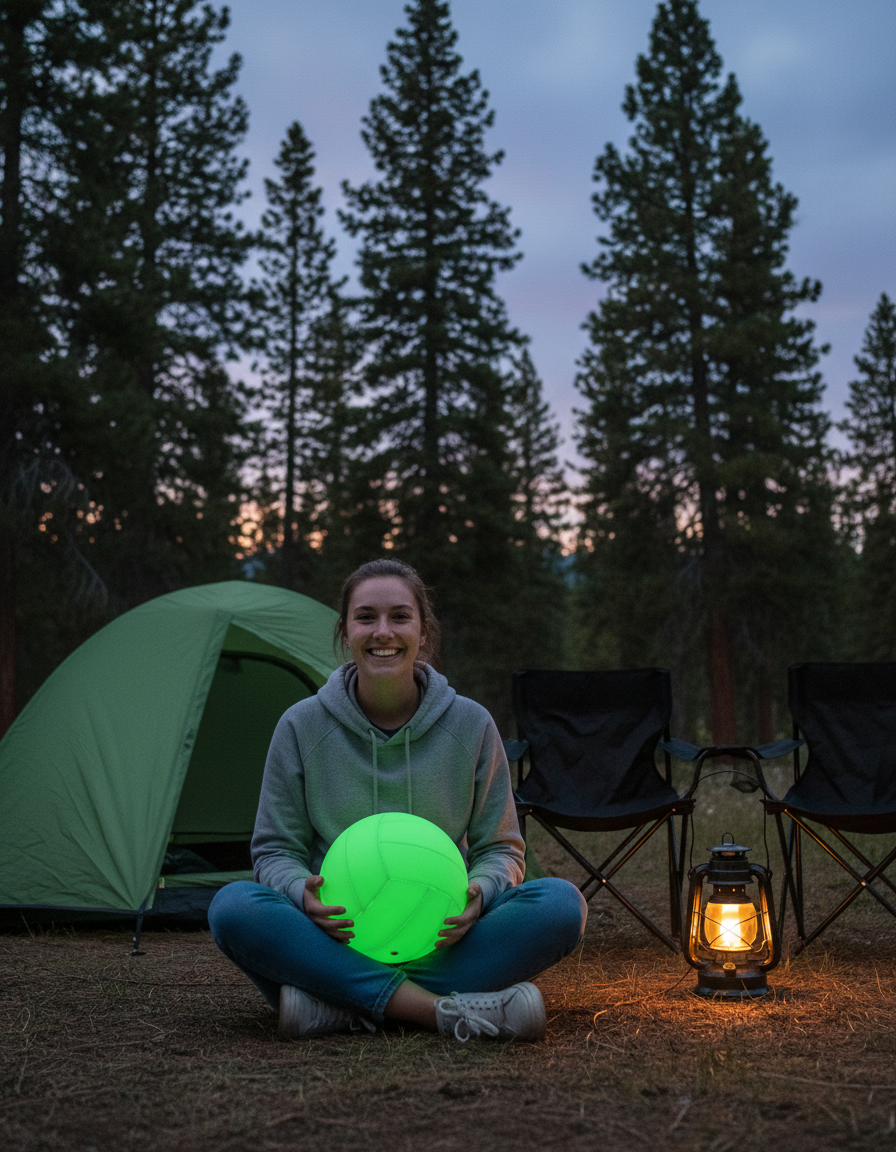 Young woman holding the glowing ball at a campsite