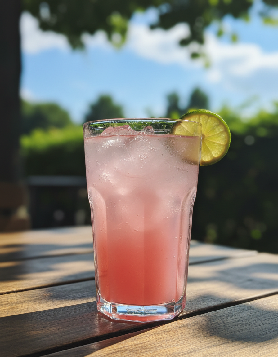 Iced pink BelliWelli drink on a sunny café table
