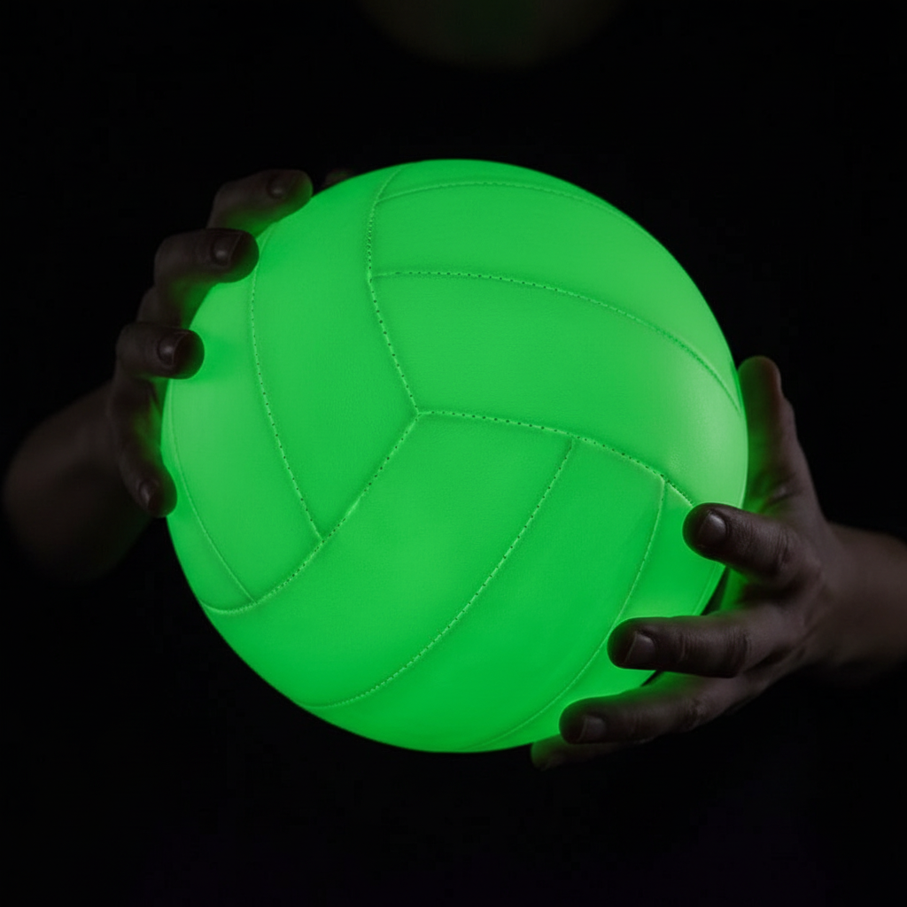 Hands holding the glowing VolleyVolt ball in the dark