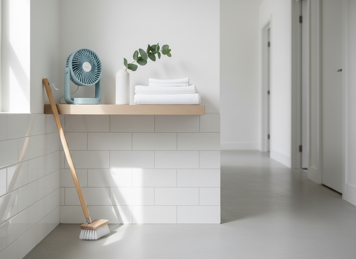 Floor scrub brush and portable misting fan in a clean, light-filled home