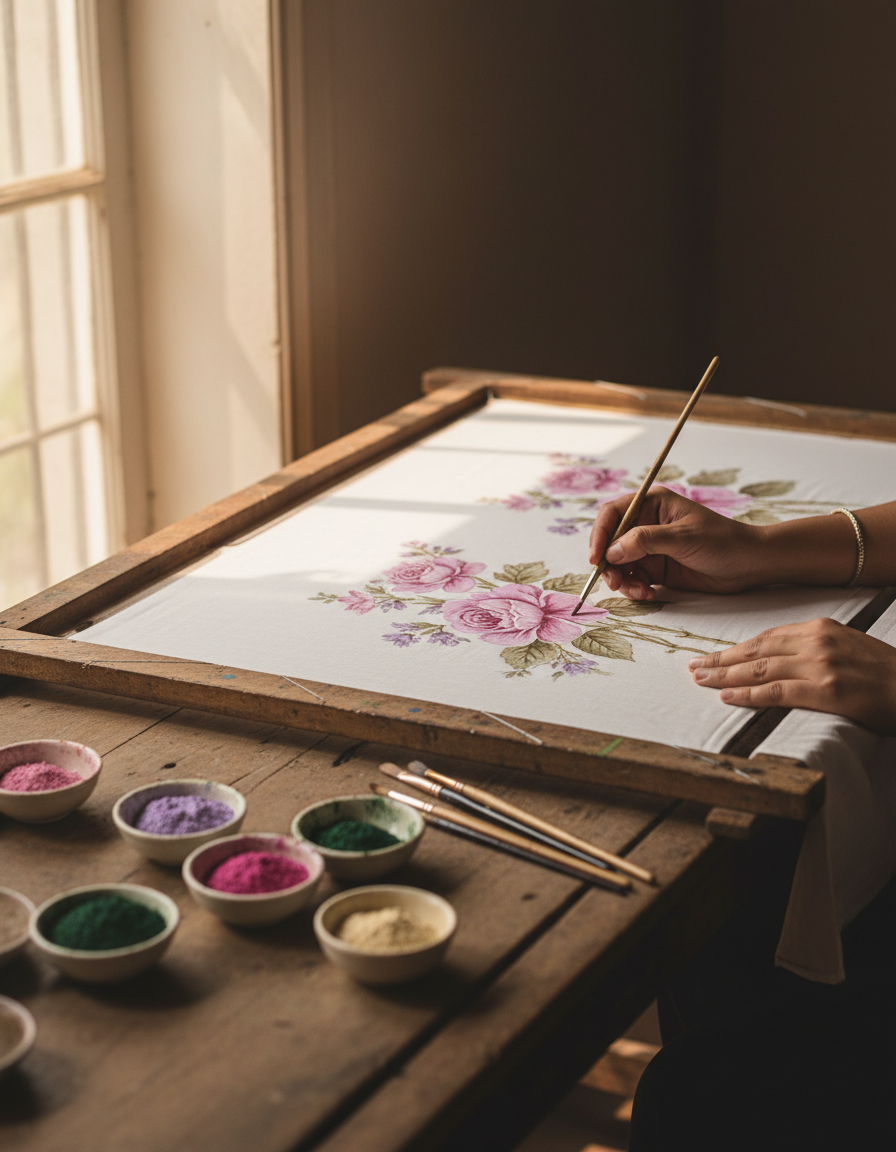 Artisan hands painting pink and lilac florals onto white cotton fabric