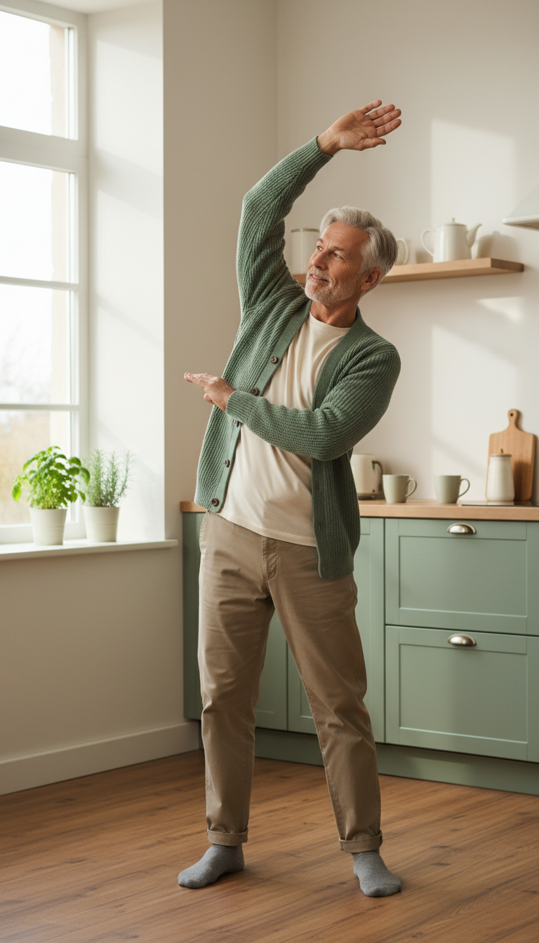 Older man stretching in a bright kitchen wearing gray crew socks