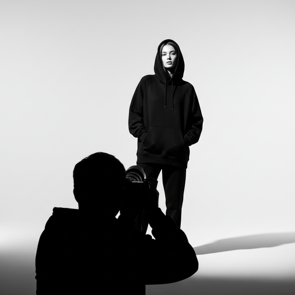 Behind the scenes of a lookbook shoot: a model in an oversized black hoodie under a studio strobe