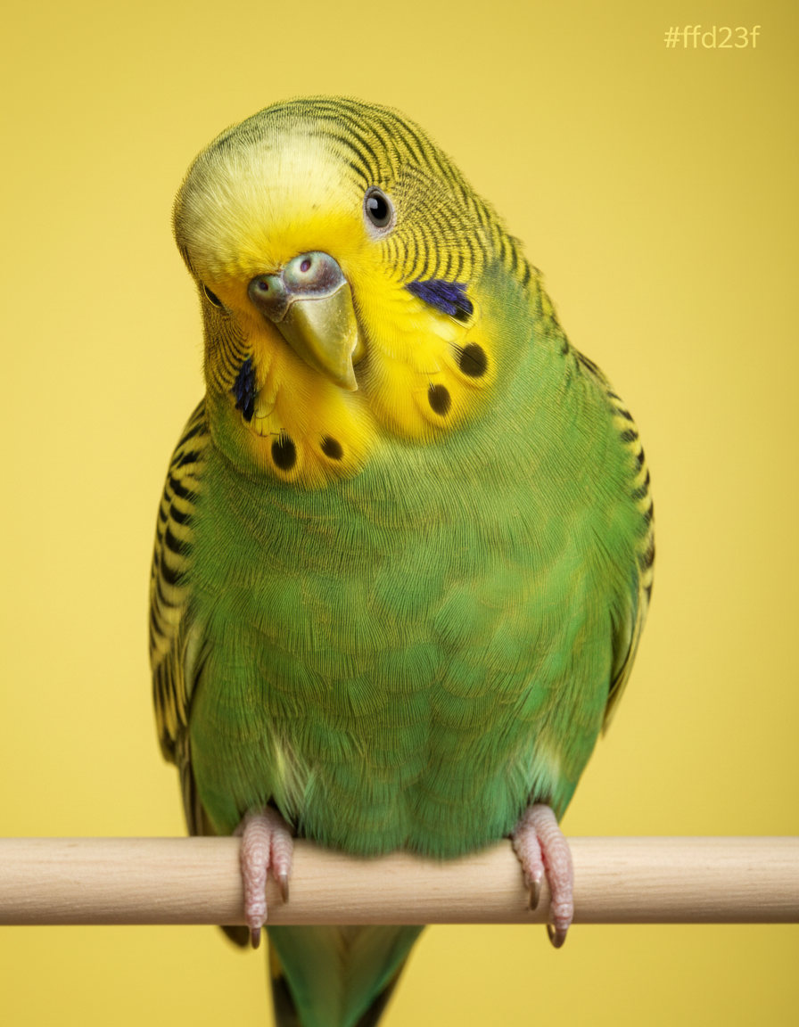 Periquito verde e amarelo num poleiro, de cabeça inclinada