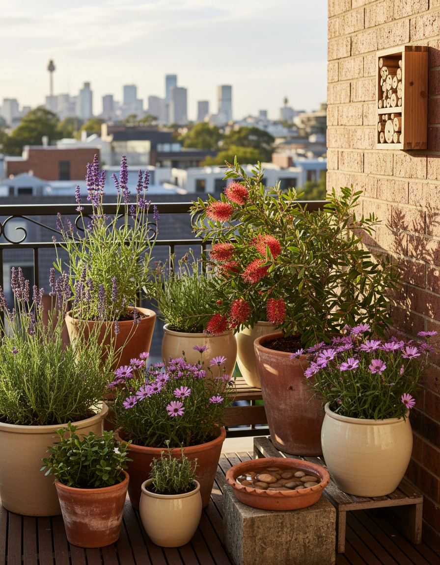 A sunny city balcony with potted lavender, salvia, native daisies and a small wooden bee hotel