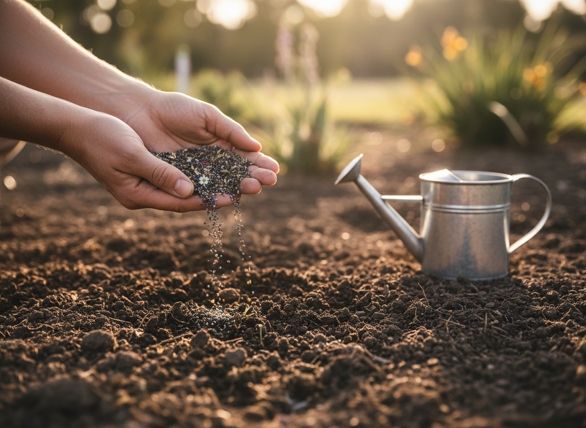 Hands scattering flower seeds over freshly raked garden soil