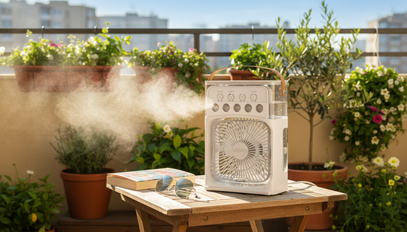 Misting fan on a sunny balcony table beside a book and sunglasses