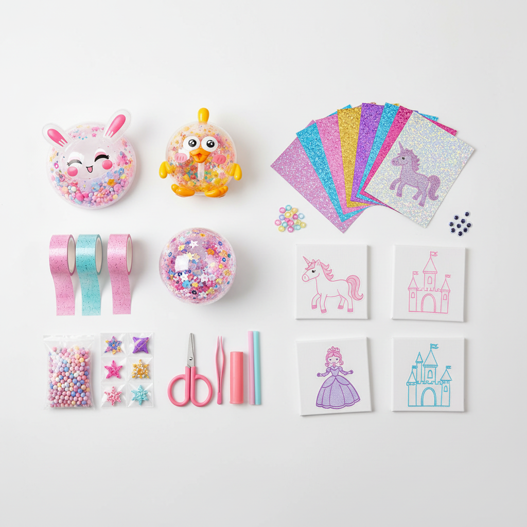 A kreatív csomag tartalma: Bubble Squishies nanoszalagok, töltelékek, díszítők, olló és kész squishyk, mellette a Foil Fun csillogó fóliái, unikornisos, hercegnős és kastélyos képalapjai