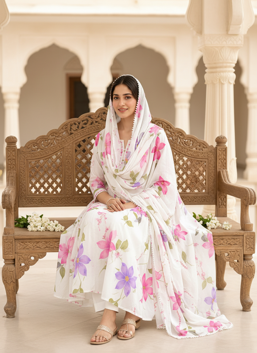 Woman in a white floral Anarkali seated beside jasmine flowers