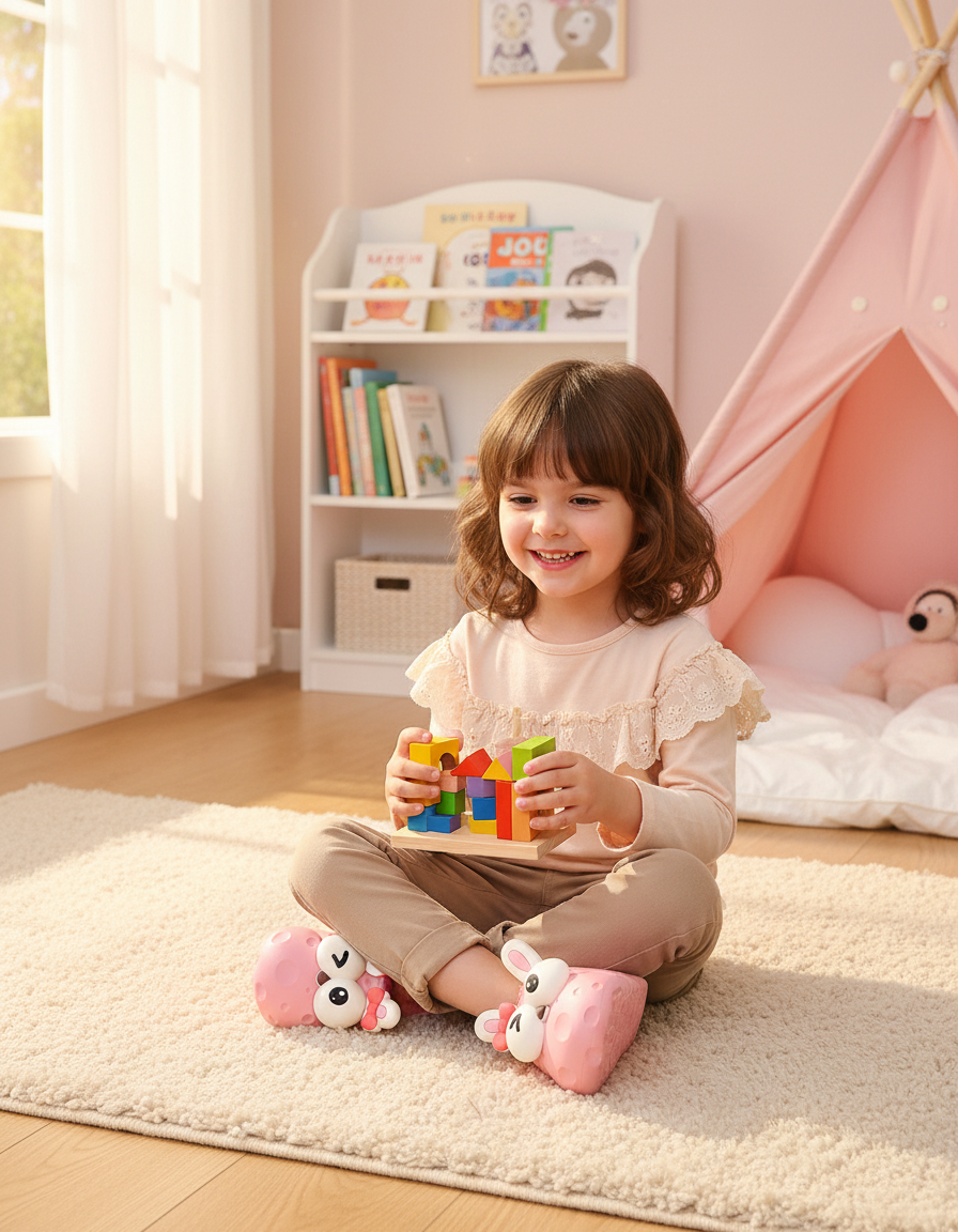 Child playing on a rug wearing plush animal slippers