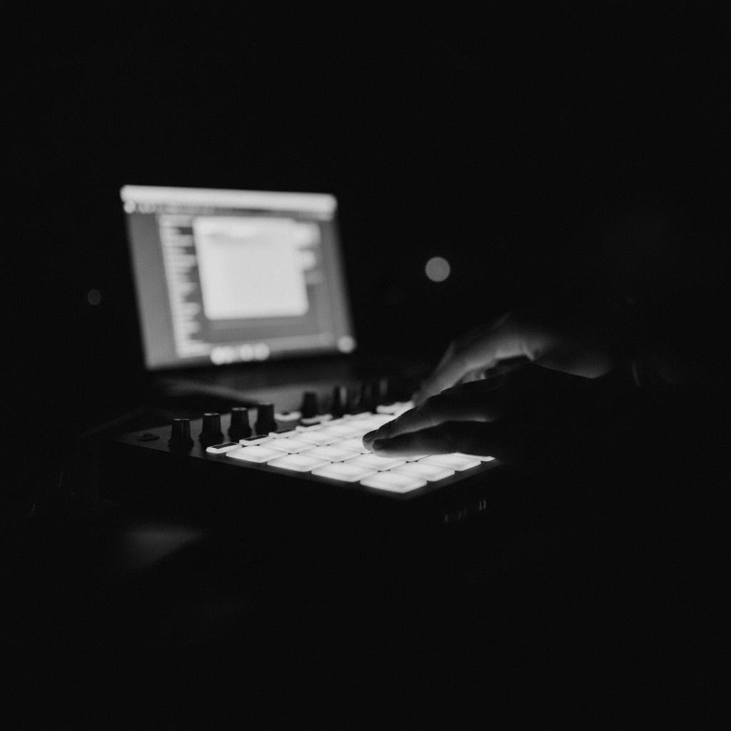 A producer's hands playing a grid of pads on a MIDI controller in a dark studio