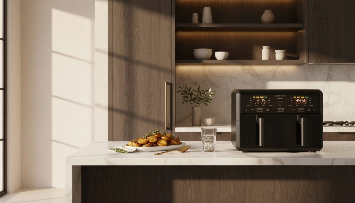 Black dual basket air fryer on a white marble kitchen island beside a platter of golden roasted potatoes, with smoked oak cabinetry and warm lit shelving