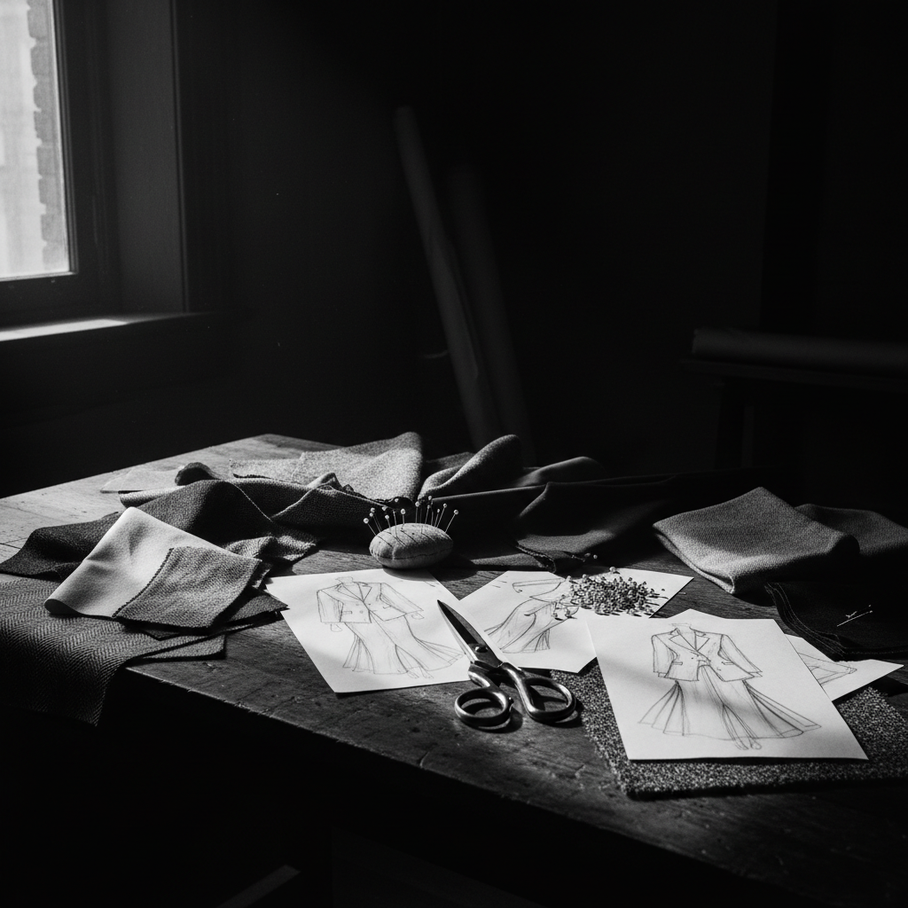 A designer's workbench with fabric swatches, tailor's scissors, pins and garment sketches