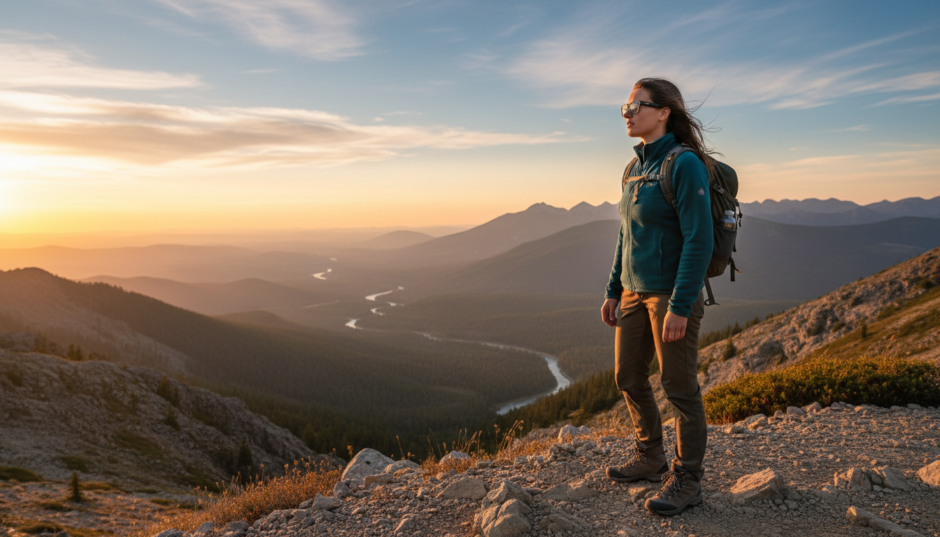 Hiker wearing PeTech AI Smart Glasses at a mountain overlook at golden hour