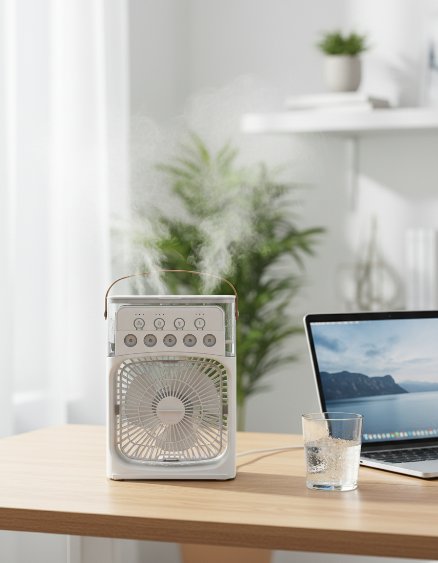 White misting fan on a light oak desk next to a laptop and a glass of iced water