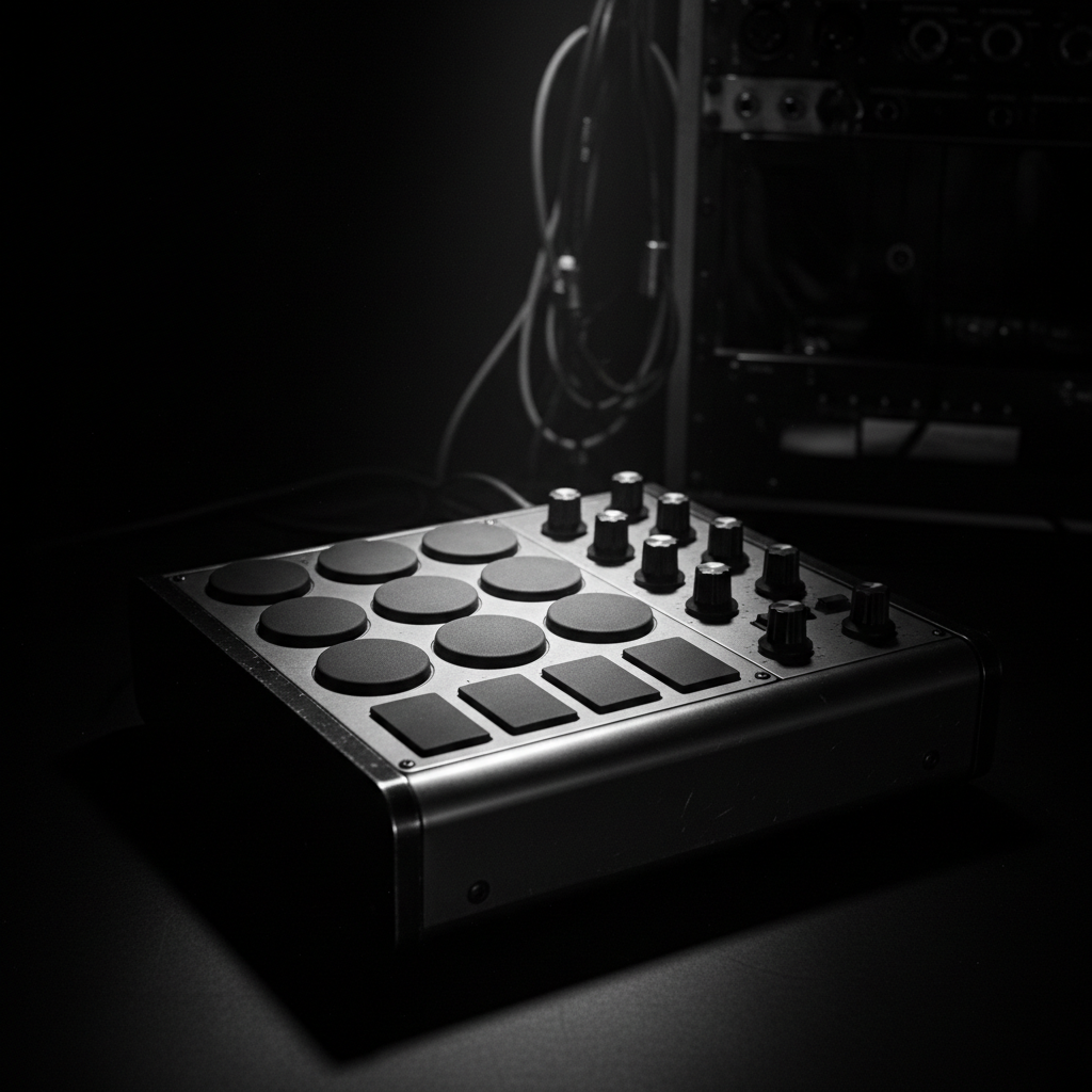 A drum machine with rubber pads and knobs lit by a narrow beam in a dark studio