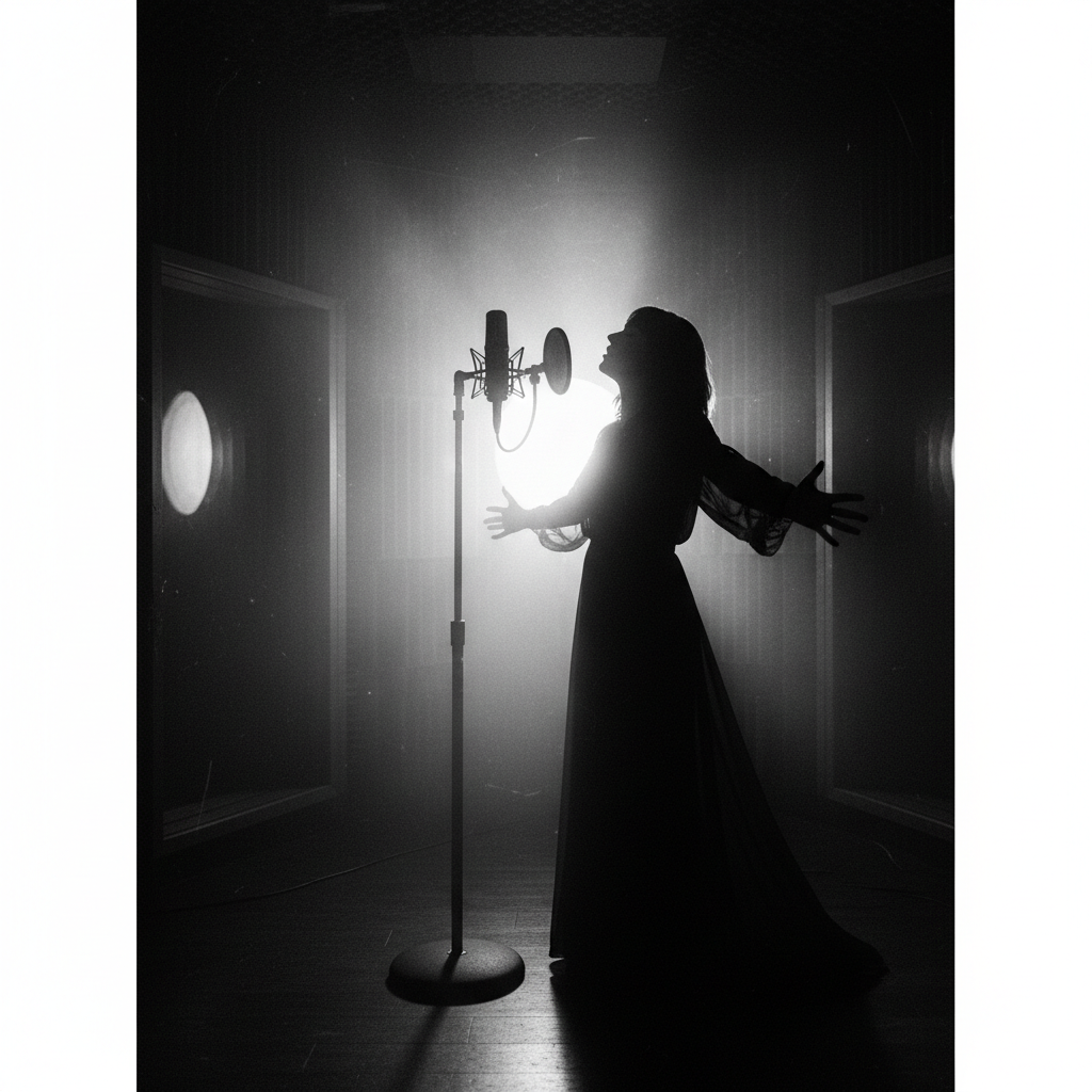 A vocalist in silhouette singing into a studio microphone in a backlit vocal booth