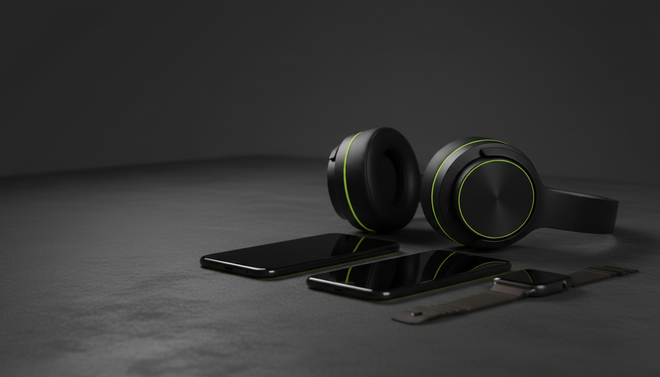 Audífonos inalámbricos negros, smartphone y smartwatch sobre un escritorio oscuro