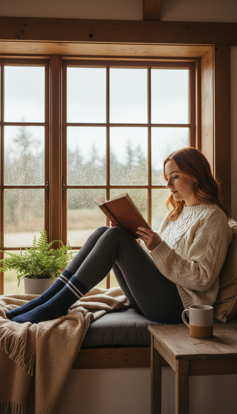 Woman reading on a window seat with feet in navy crew socks