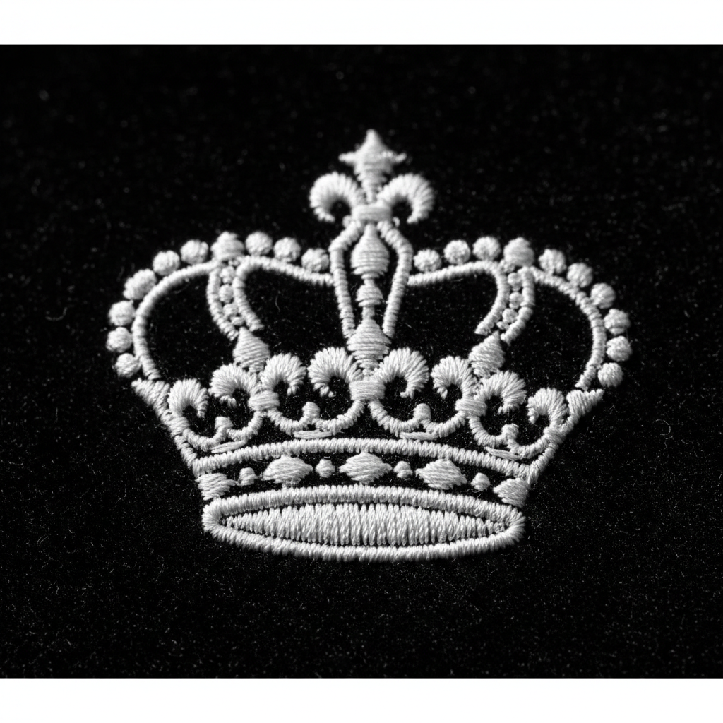 Macro detail of an embroidered crown emblem stitched in white thread on black fabric