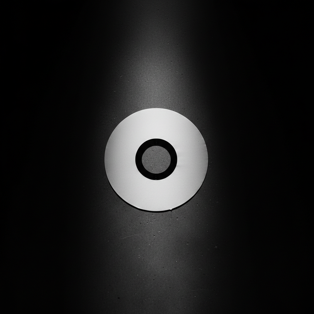 A single vinyl record in a plain sleeve, spotlit on a dark concrete floor