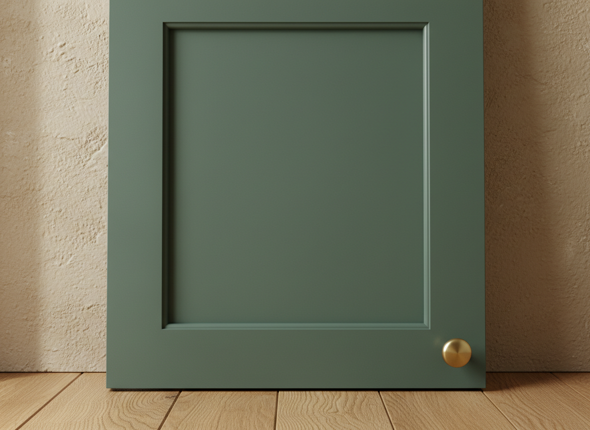 Close-up of a factory-painted sage green shaker cabinet door with a brass knob leaning against a warm plaster wall on an oak floor