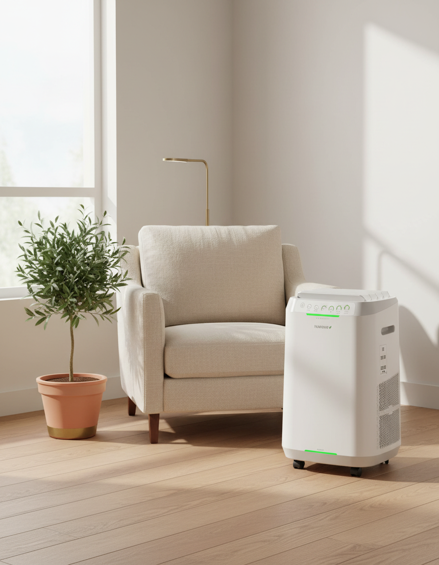 White air purifier in a sunlit living room corner next to a linen armchair
