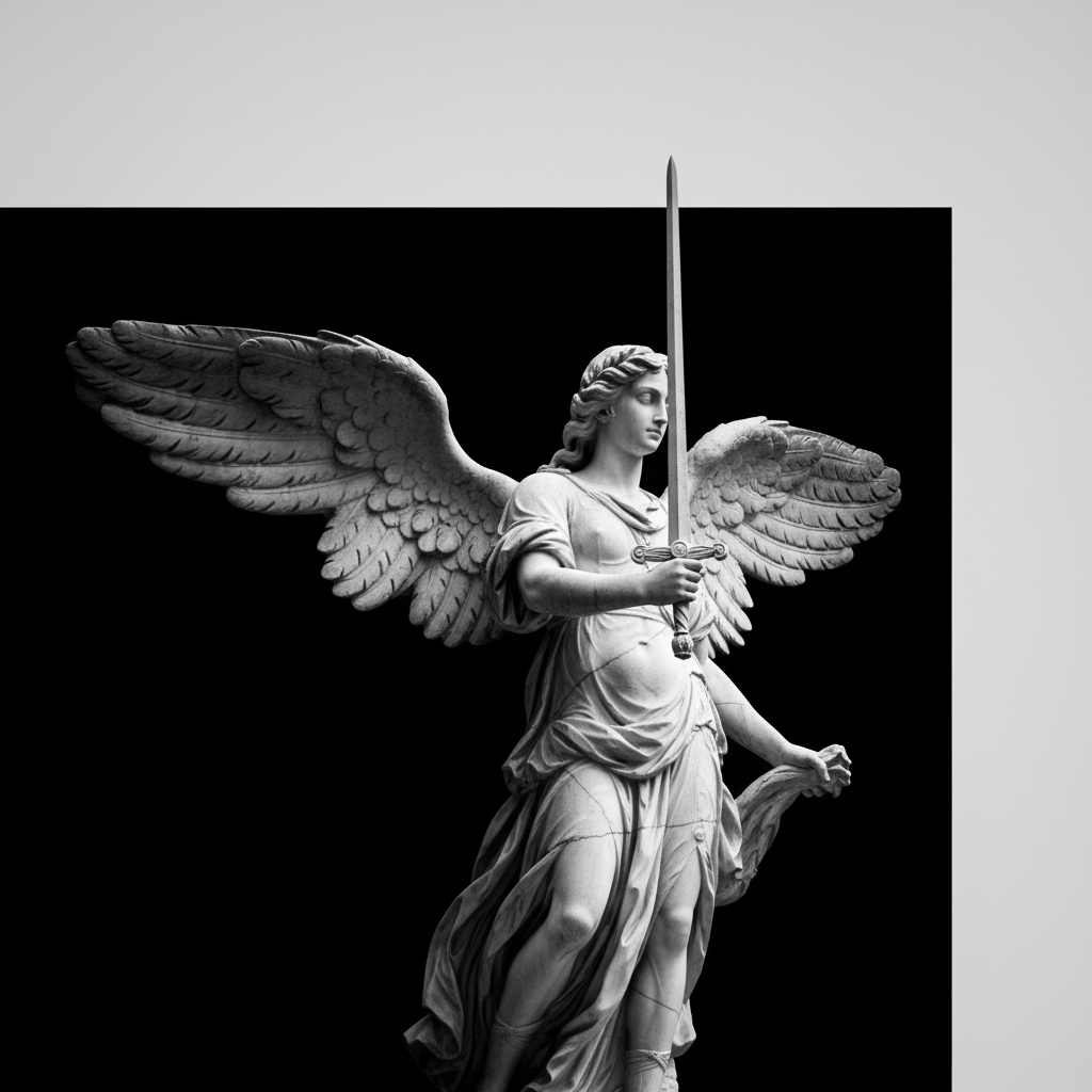 Marble statue of an archangel with outstretched wings holding a sword, against a black background