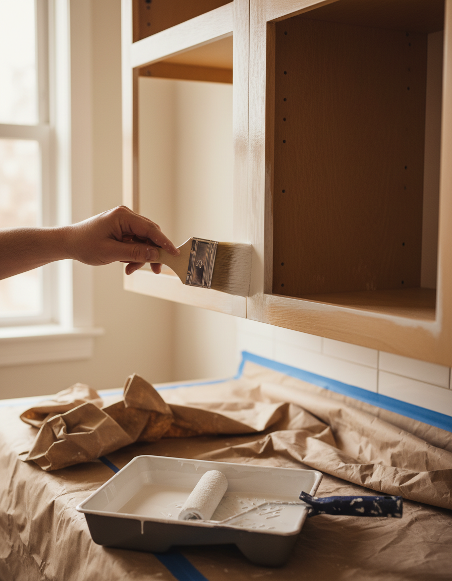Hand brushing warm white paint onto the face frame of an existing upper cabinet, with a roller and paint tray on kraft paper masking below