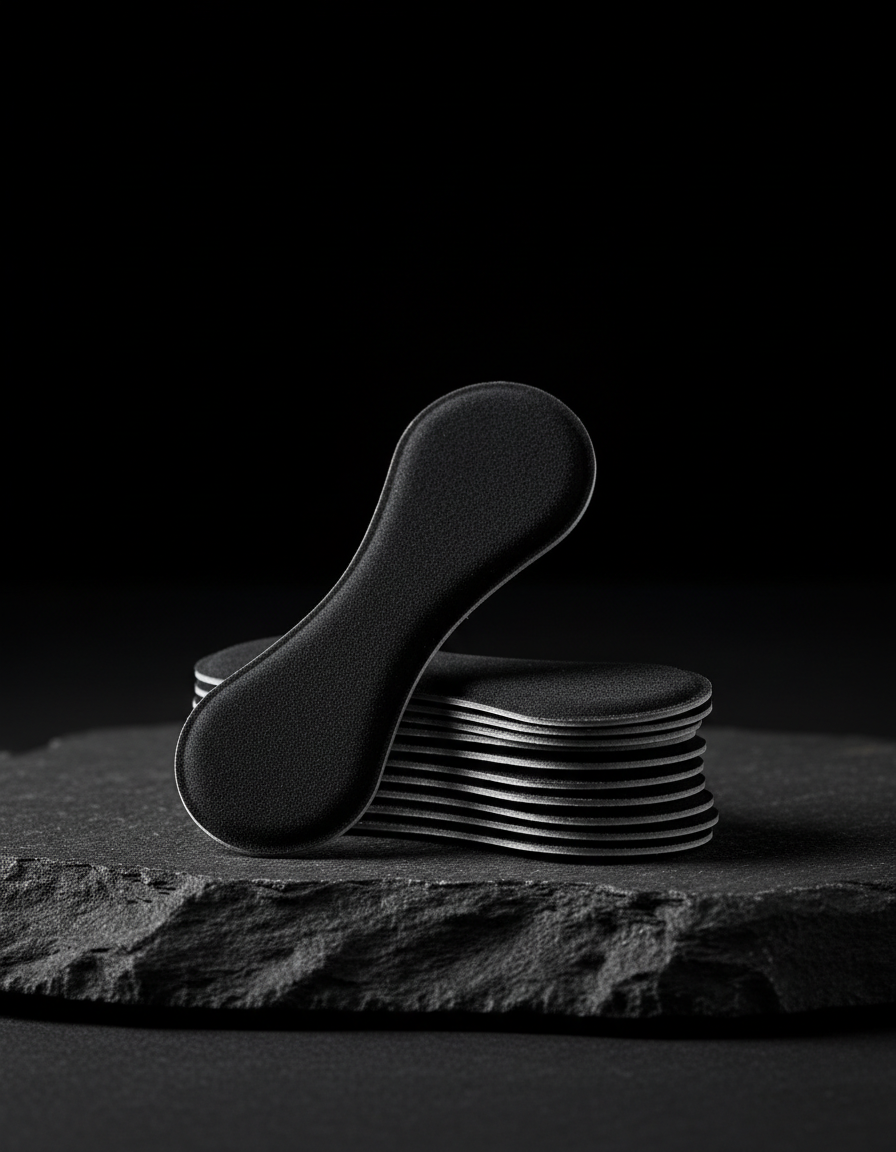 A stack of matte black nasal strips on dark stone