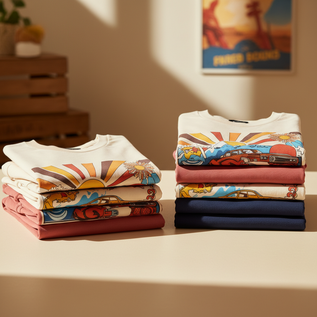 Stacks of cream, red and navy t-shirts and hoodies with bold retro printed graphics