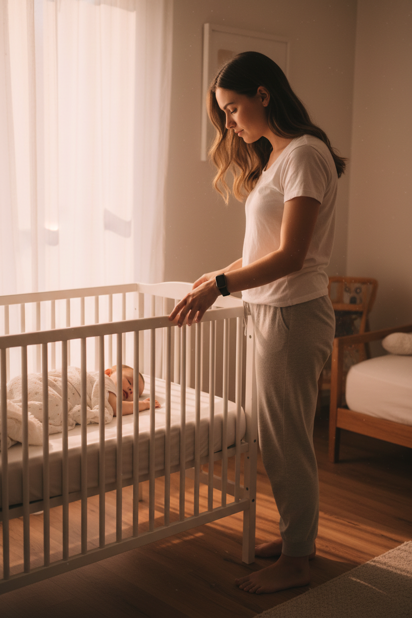 A young mother getting up quietly while her baby sleeps nearby, wearing a Wrist Wake band
