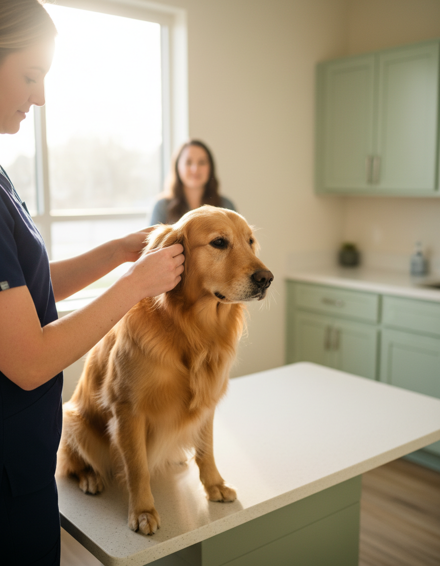 Veterinarian gently checking a calm golden retriever's ear in a bright exam room