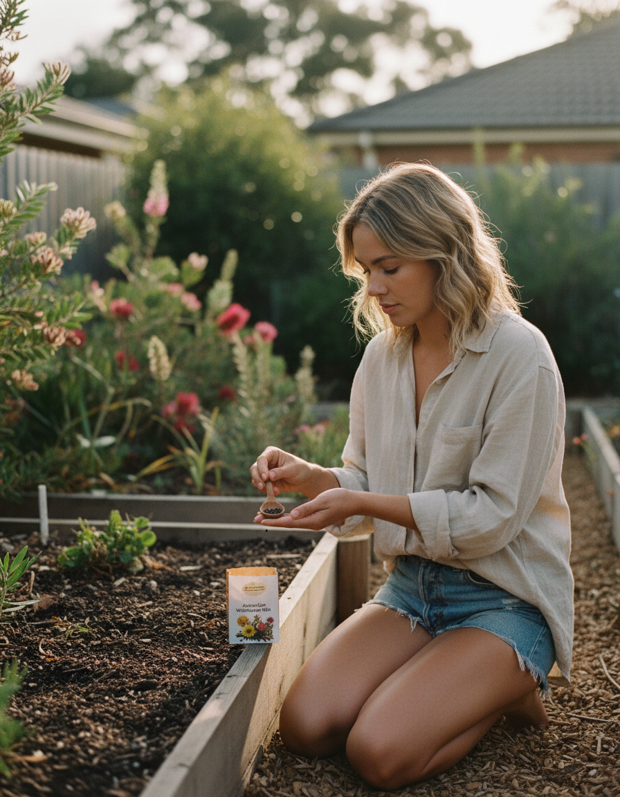 A woman kneeling at a backyard garden bed, sprinkling flower seeds from a wooden spoon
