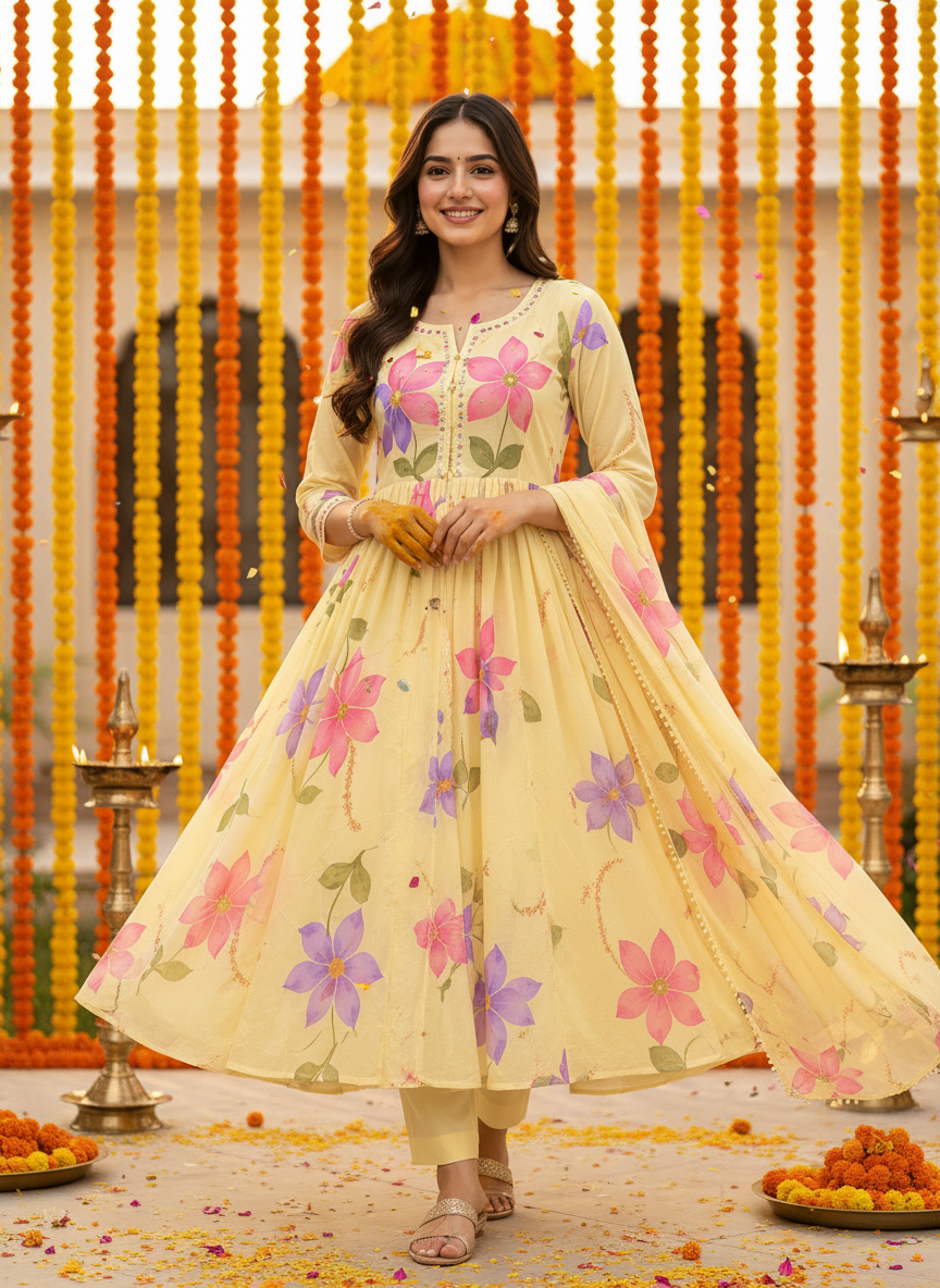 Woman in a yellow floral Anarkali at a marigold-decorated festive celebration