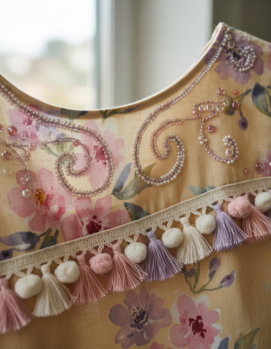 Close-up of hand-painted pink and lavender floral fabric with bead embroidery and pom-pom lace trim