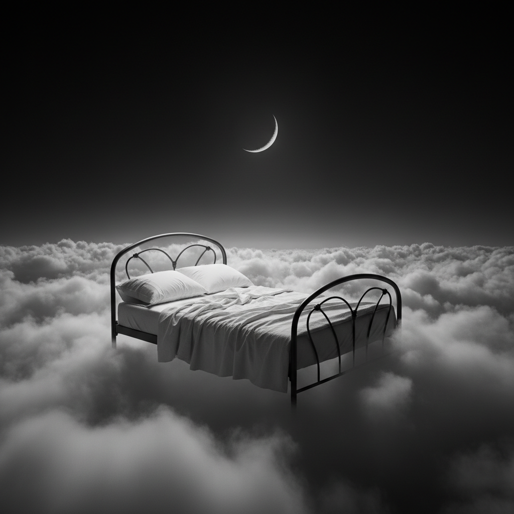 An empty bed with white sheets floating among clouds under a crescent moon