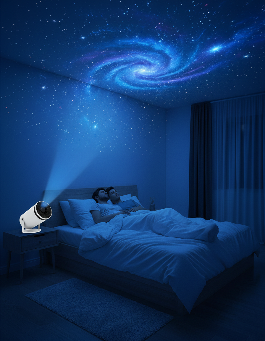 Couple in bed watching a starry scene projected onto their bedroom ceiling