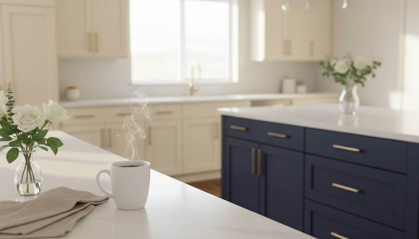 Steaming mug of coffee on a quartz counter in a sunlit refaced kitchen with warm white shaker cabinets, brass pulls and a navy island