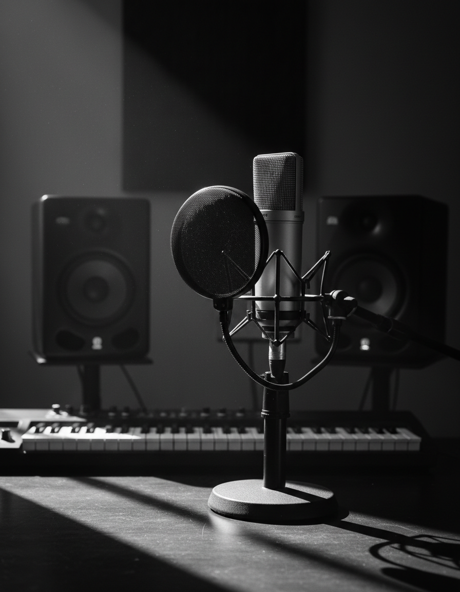A condenser microphone with pop filter in a dark music studio