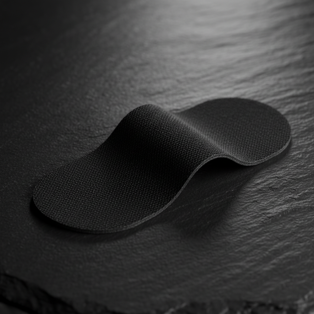 Close-up of a single black nasal strip showing its breathable fabric texture
