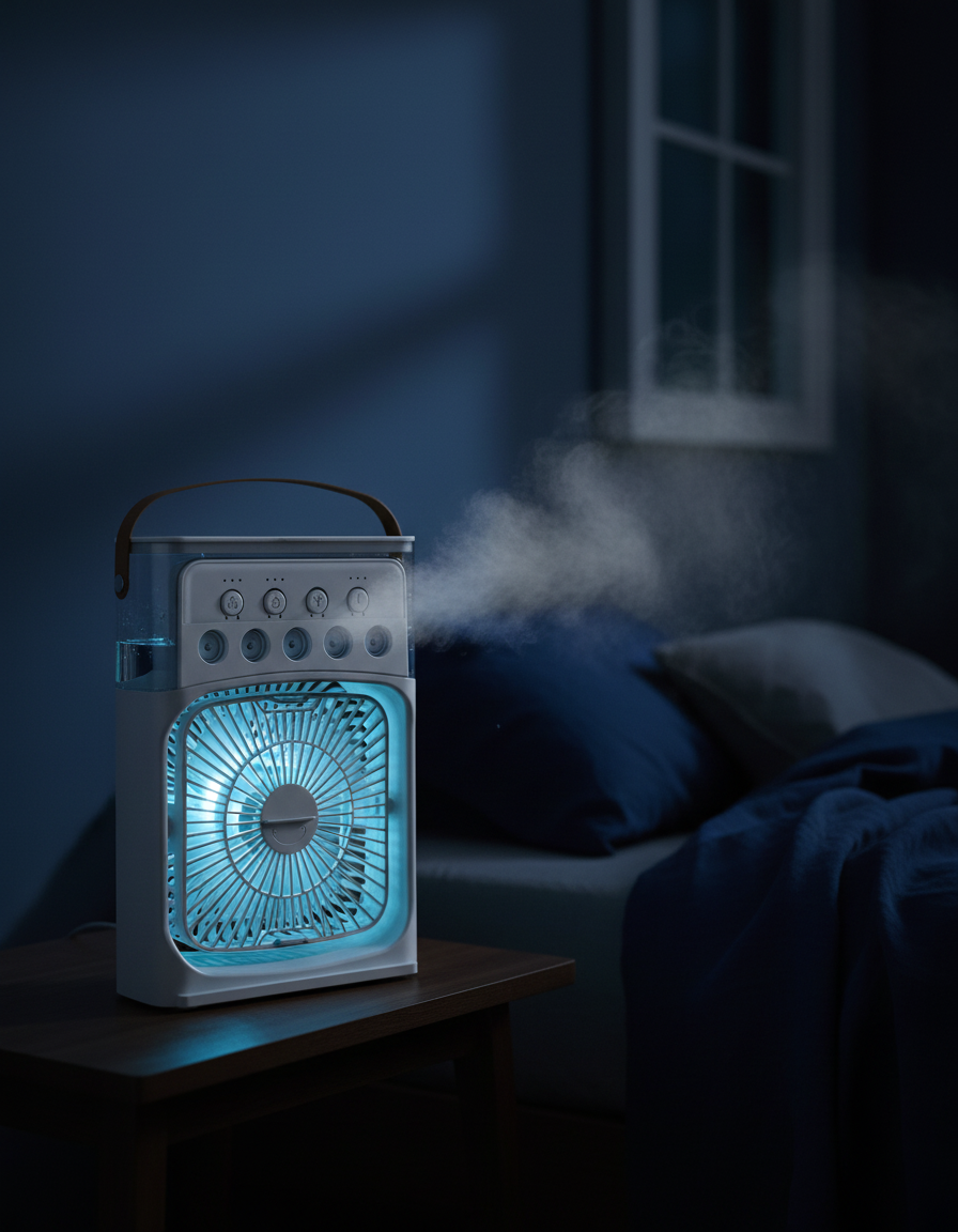 Misting fan glowing soft blue on a bedside table in a dim bedroom