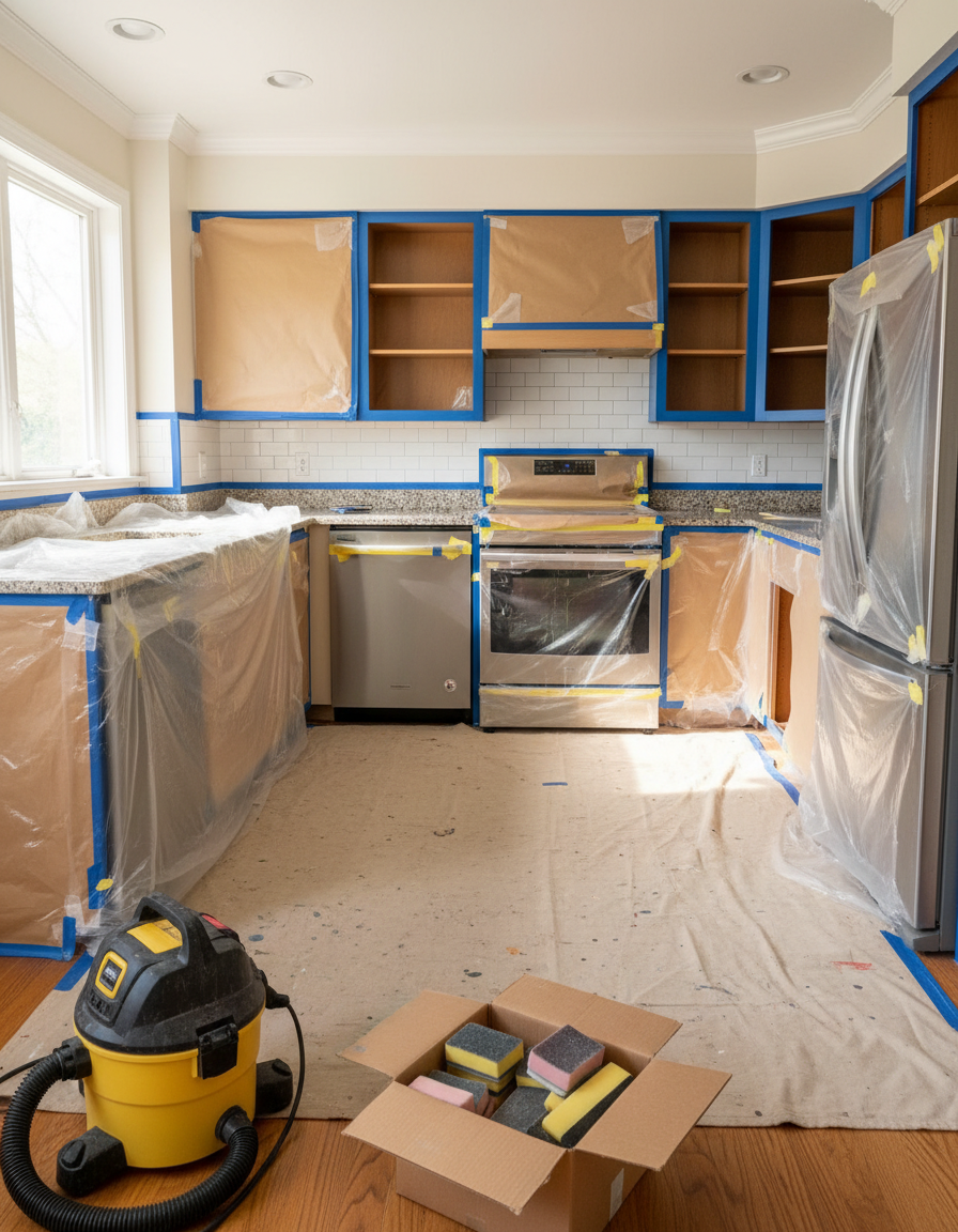 Kitchen prepped for cabinet painting with doors removed, counters, range and fridge masked in kraft paper and plastic, blue tape on the edges, a drop cloth, shop vacuum and a box of sanding sponges