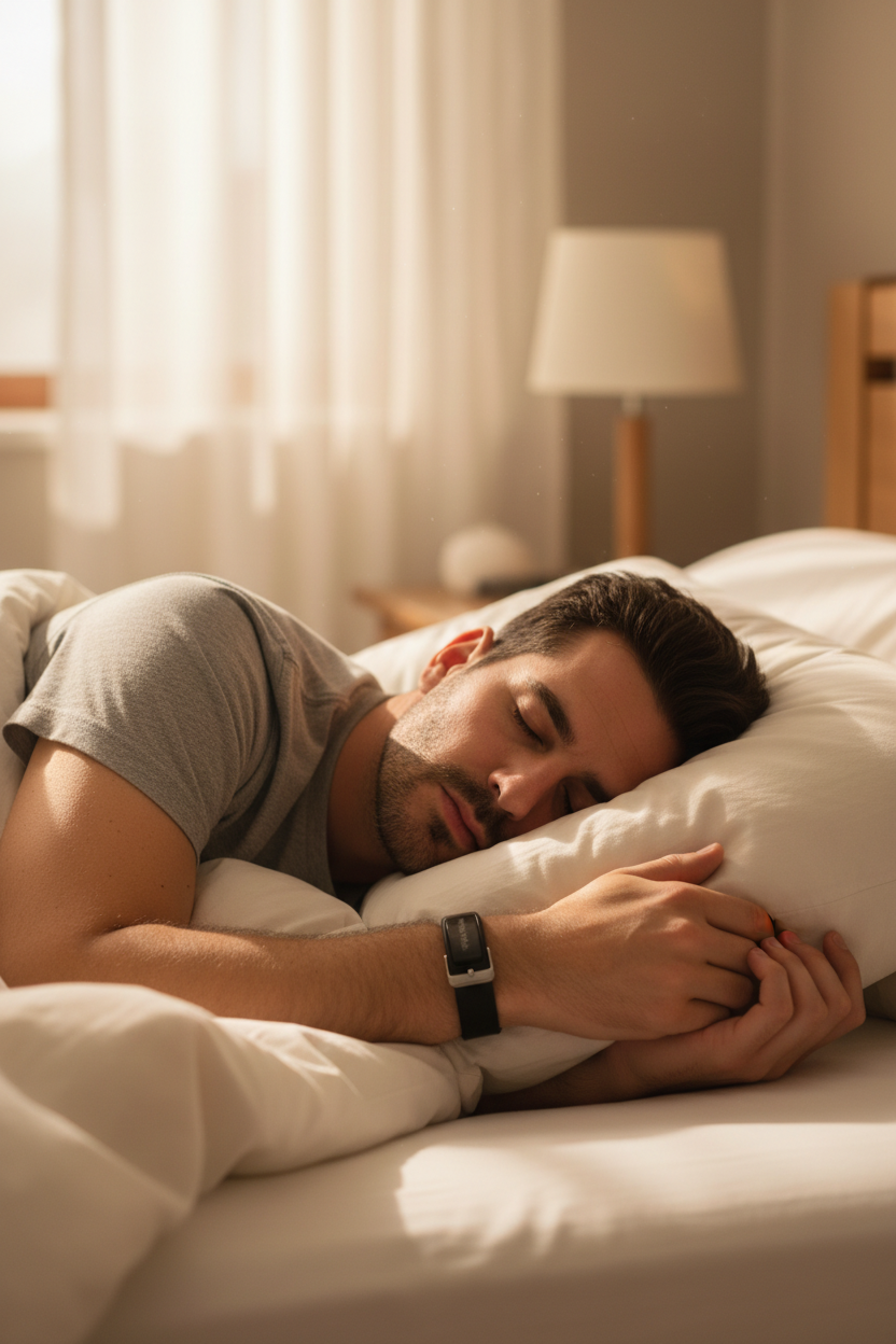 A man fast asleep on his pillow wearing a Wrist Wake band