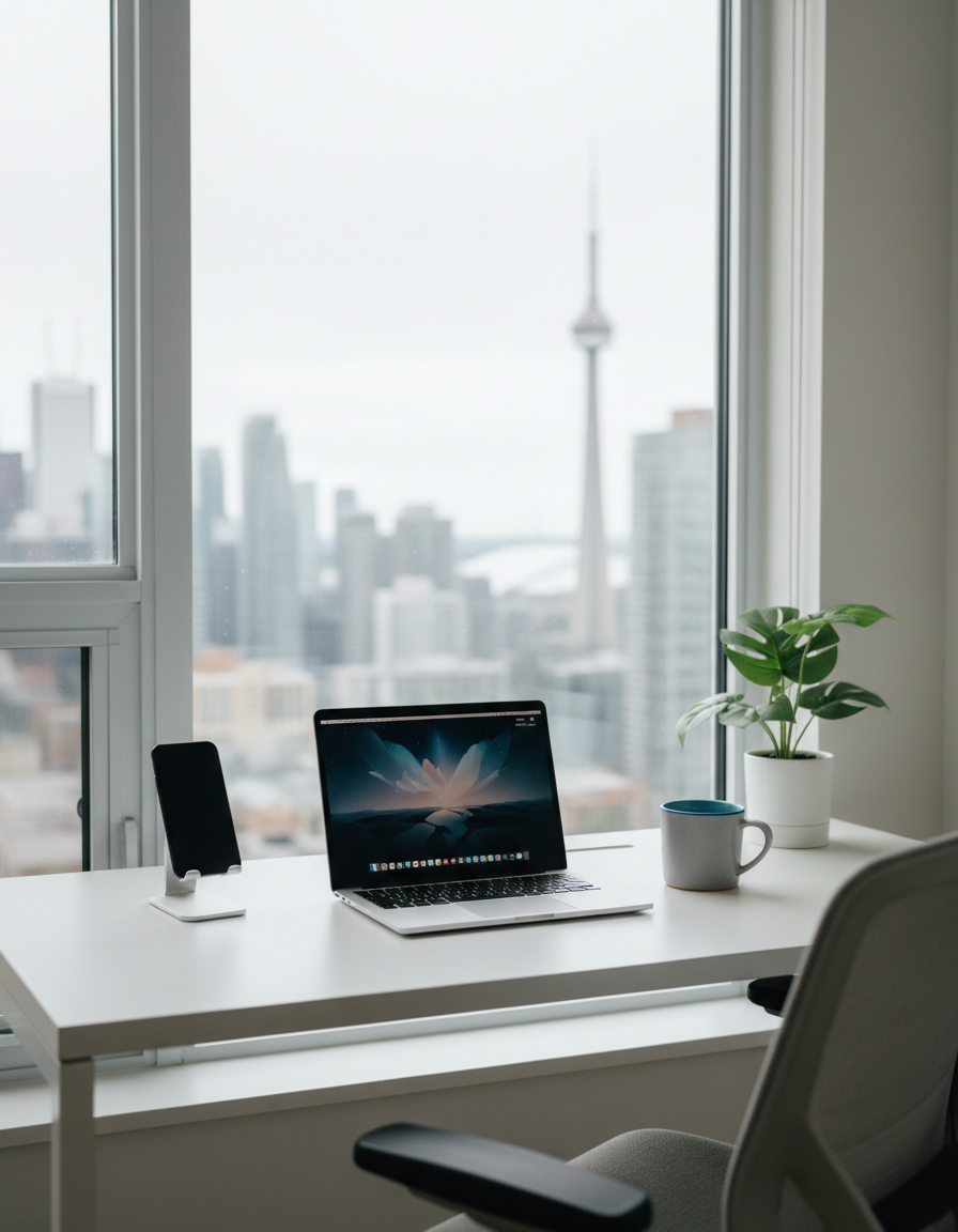 A bright, tidy home workspace with a phone on a charging stand beside a laptop