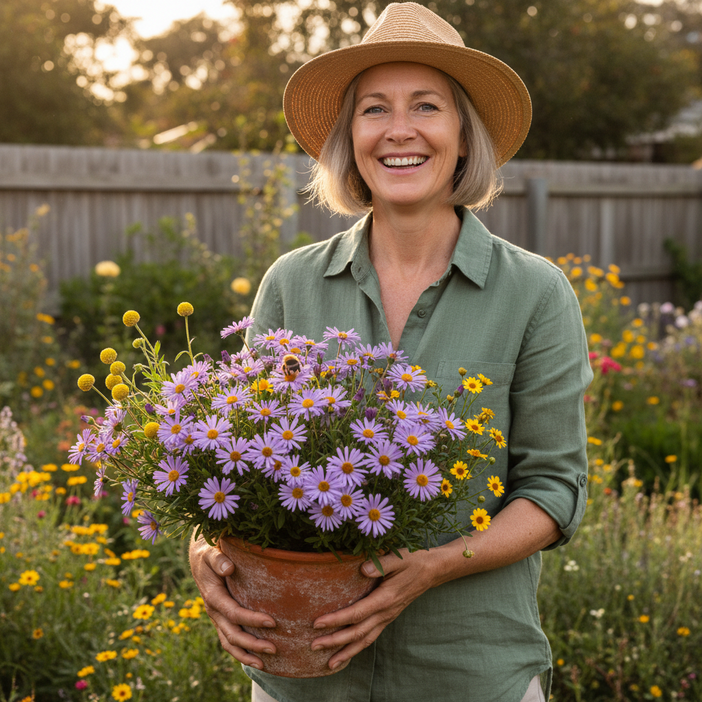 A smiling woman holding a pot of purple Swan River daisies with a native bee on a bloom