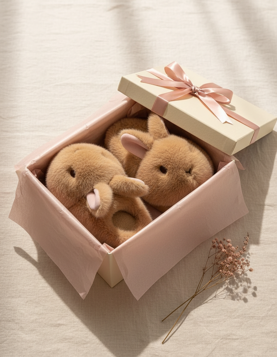 Fluffy bunny slippers in a gift box with blush tissue paper and a pink ribbon