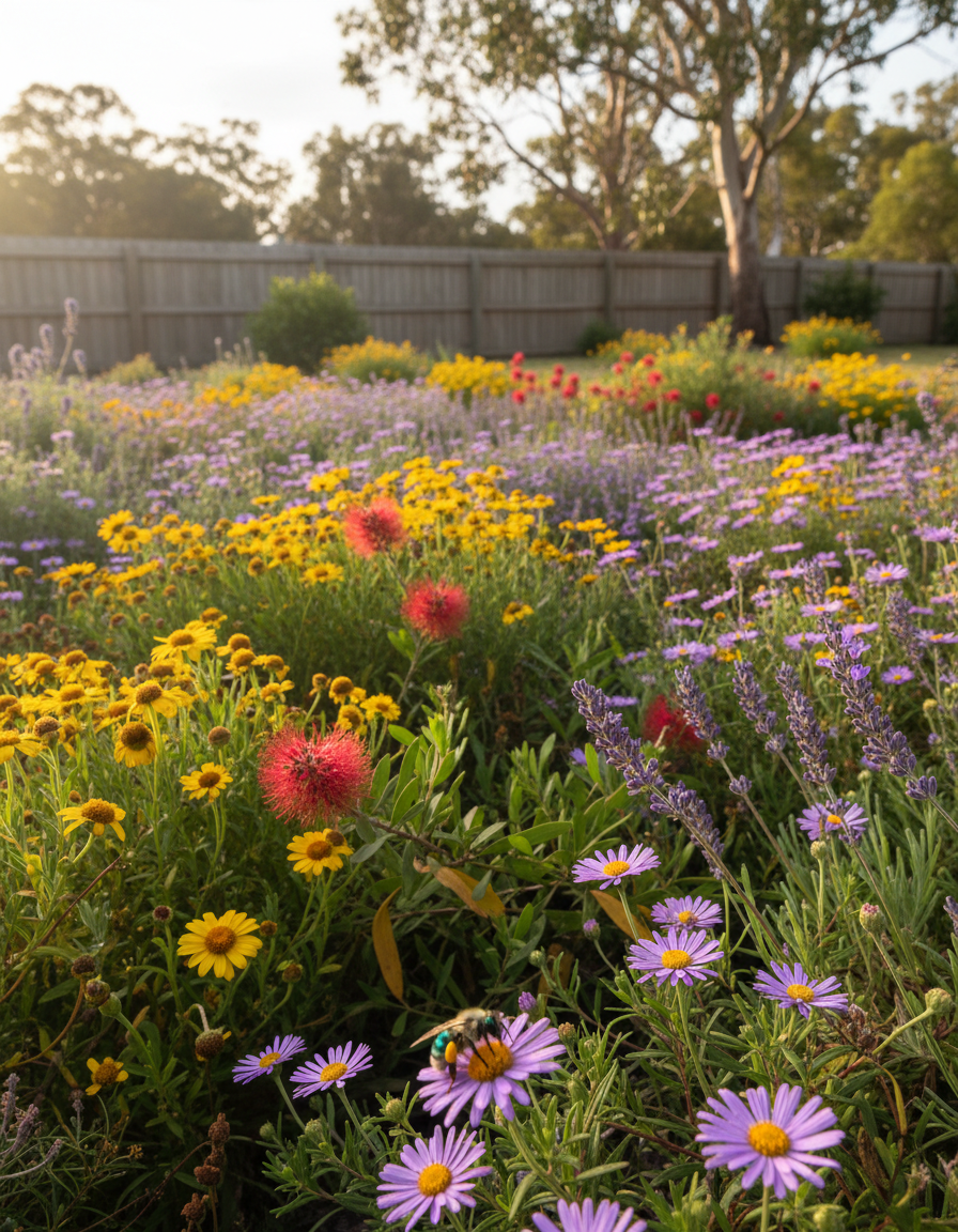 A sunny Australian backyard garden with purple Swan River daisies, yellow paper daisies and grevillea, with a native bee on a flower